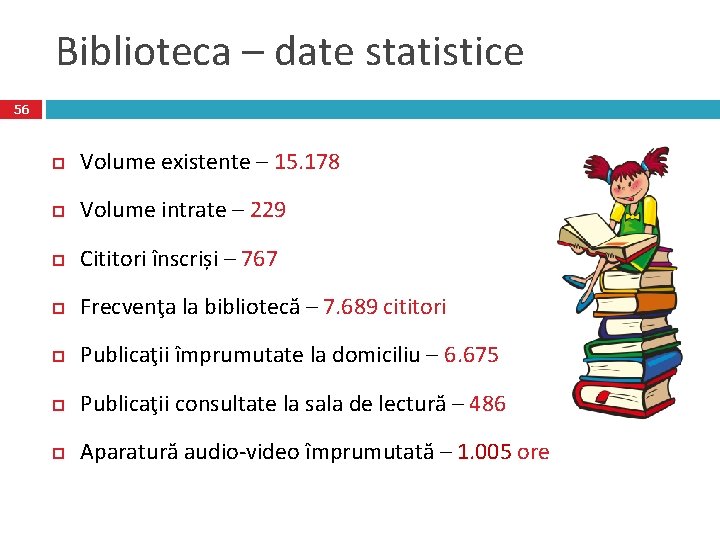 Biblioteca – date statistice 56 Volume existente – 15. 178 Volume intrate – 229