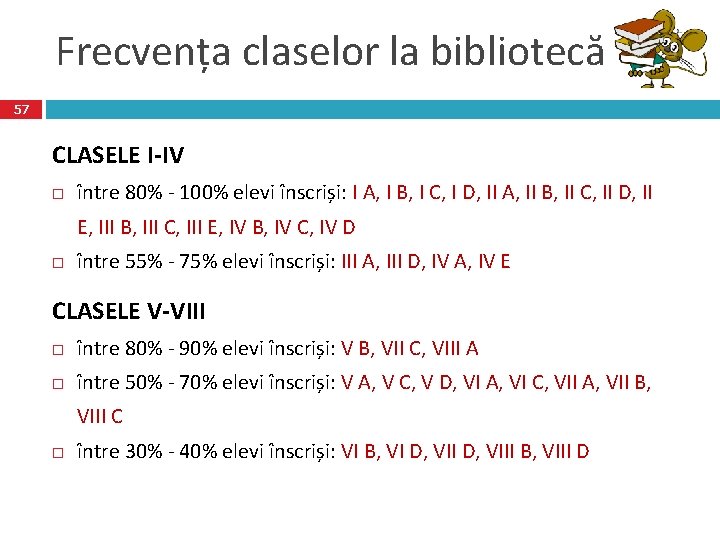 Frecvența claselor la bibliotecă 57 CLASELE I-IV între 80% - 100% elevi înscriși: I