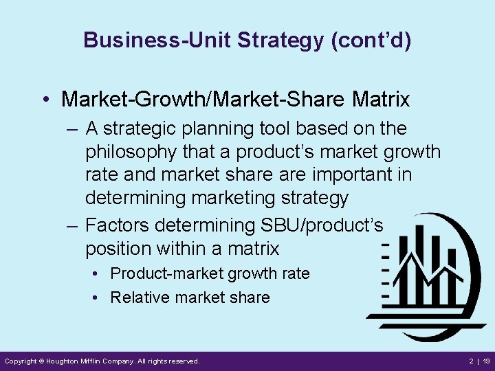 Business-Unit Strategy (cont’d) • Market-Growth/Market-Share Matrix – A strategic planning tool based on the