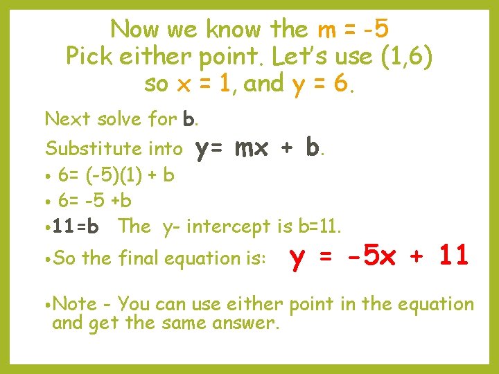 Now we know the m = -5 Pick either point. Let’s use (1, 6)