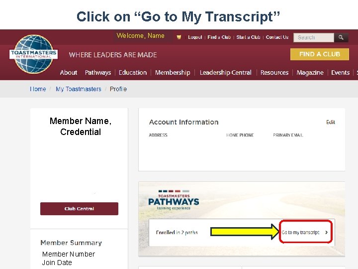 Click on “Go to My Transcript” Welcome, Name Member Name, Credential Member Number Join