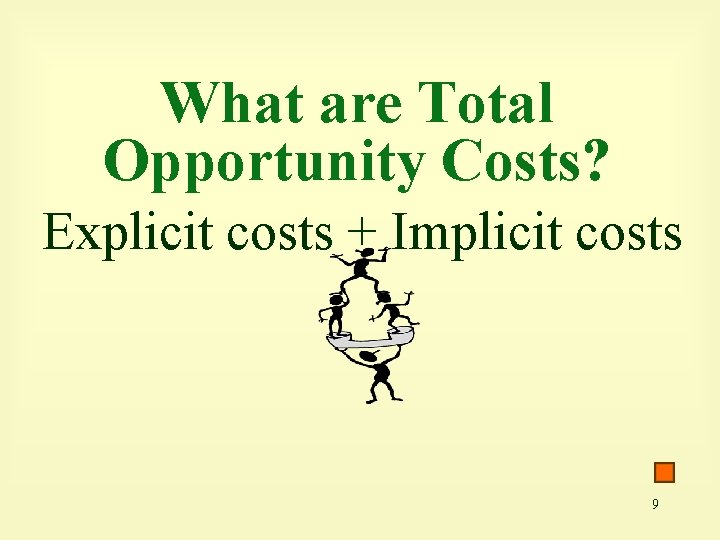 What are Total Opportunity Costs? Explicit costs + Implicit costs 9 