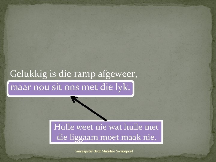 Gelukkig is die ramp afgeweer, maar nou sit ons met die lyk. Hulle weet