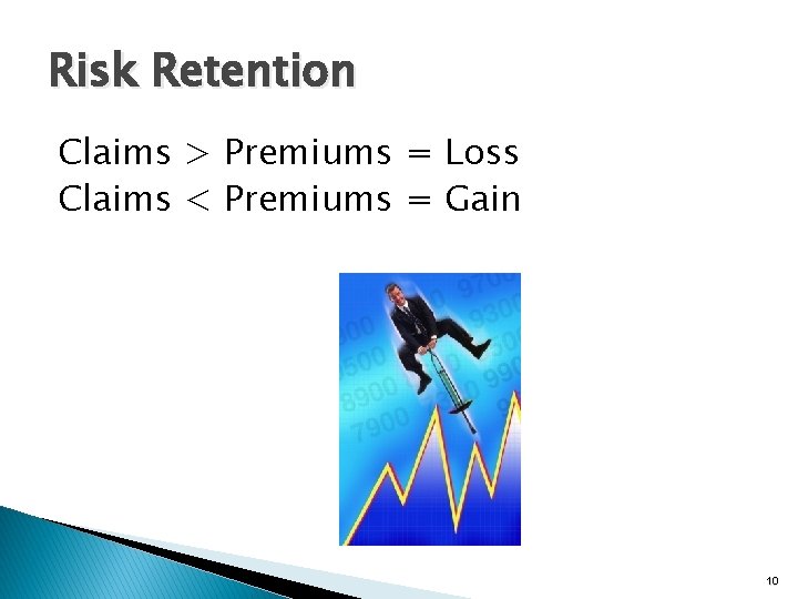 Risk Retention Claims > Premiums = Loss Claims < Premiums = Gain 10 