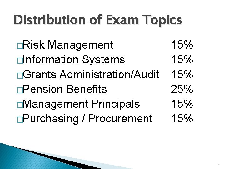 Distribution of Exam Topics �Risk Management �Information Systems �Grants Administration/Audit �Pension Benefits �Management Principals