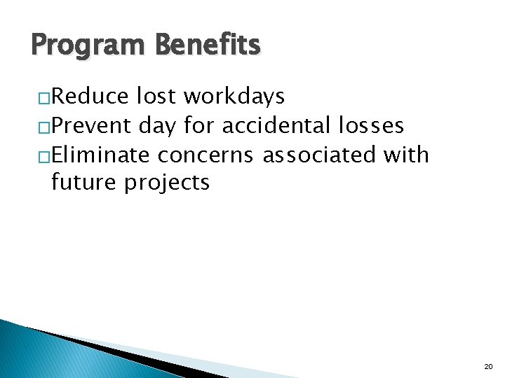 Program Benefits �Reduce lost workdays �Prevent day for accidental losses �Eliminate concerns associated with