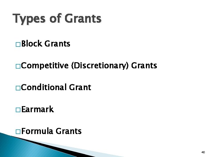Types of Grants � Block Grants � Competitive � Conditional (Discretionary) Grants Grant �