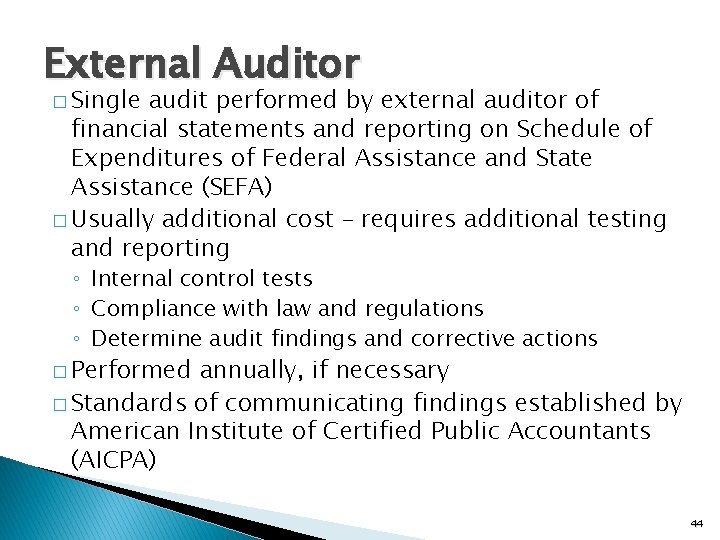 External Auditor � Single audit performed by external auditor of financial statements and reporting