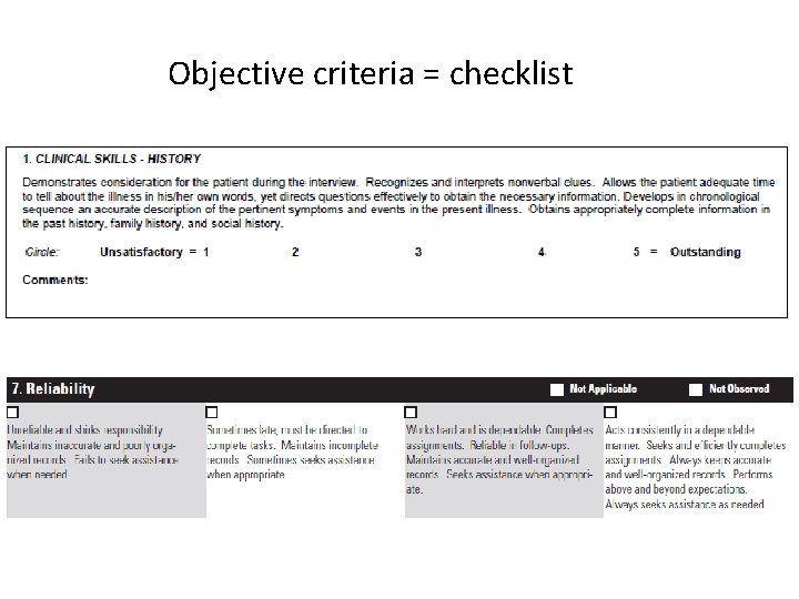 Objective criteria = checklist Objective criteria = checklist