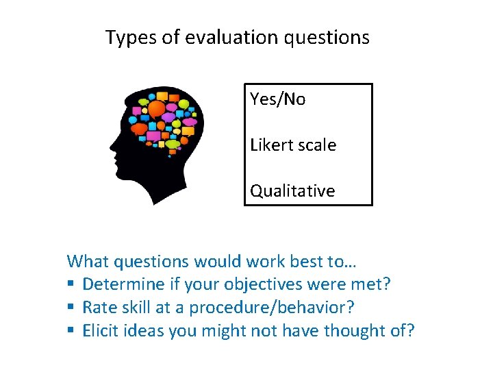 Types of evaluation questions Yes/No Likert scale Qualitative What questions would work best to… Types of evaluation questions Yes/No Likert scale Qualitative What questions would work best to…