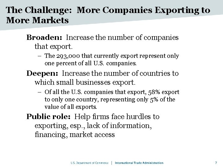 The Challenge: More Companies Exporting to More Markets Broaden: Increase the number of companies