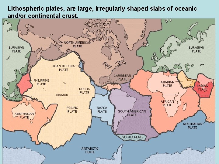 Lithospheric plates, are large, irregularly shaped slabs of oceanic and/or continental crust. 