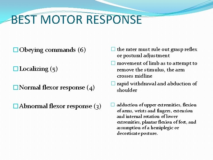 BEST MOTOR RESPONSE �Obeying commands (6) �Localizing (5) �Normal flexor response (4) �Abnormal flexor