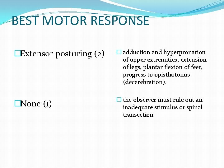 BEST MOTOR RESPONSE �Extensor posturing (2) � adduction and hyperpronation of upper extremities, extension