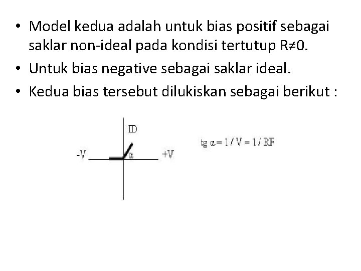 • Model kedua adalah untuk bias positif sebagai saklar non-ideal pada kondisi tertutup • Model kedua adalah untuk bias positif sebagai saklar non-ideal pada kondisi tertutup