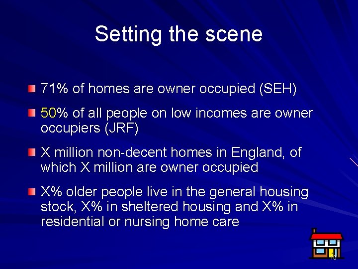 Setting the scene 71% of homes are owner occupied (SEH) 50% of all people Setting the scene 71% of homes are owner occupied (SEH) 50% of all people