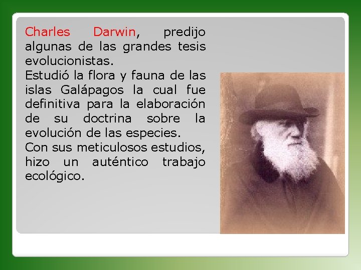 Charles Darwin, predijo algunas de las grandes tesis evolucionistas. Estudió la flora y fauna