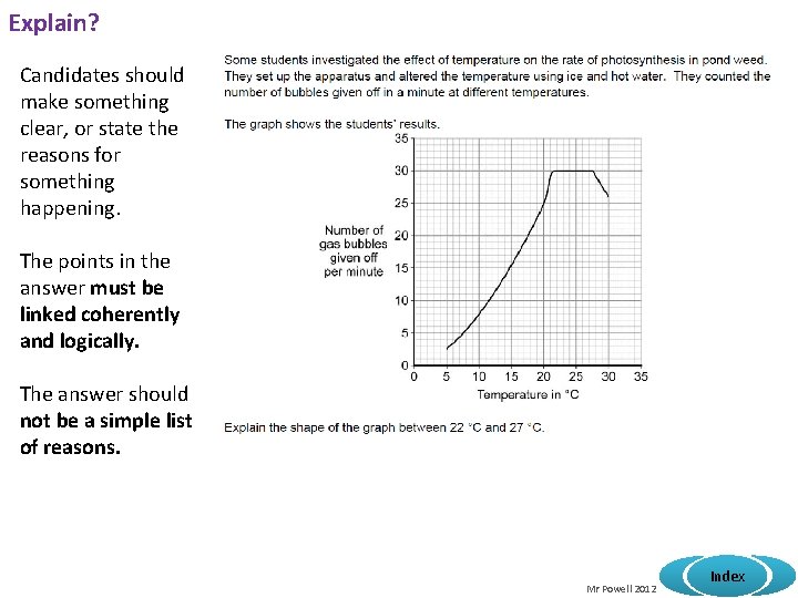 Explain? Candidates should make something clear, or state the reasons for something happening. The