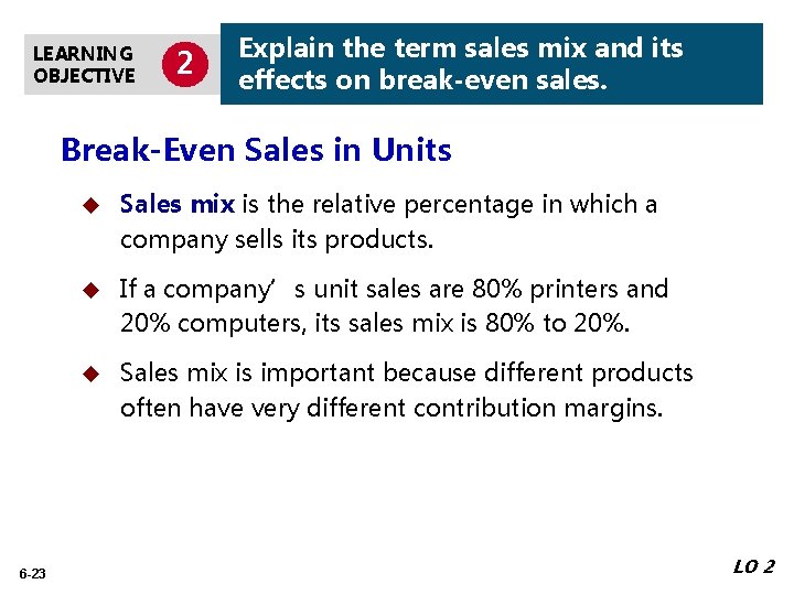 LEARNING OBJECTIVE 2 Explain the term sales mix and its effects on break-even sales.