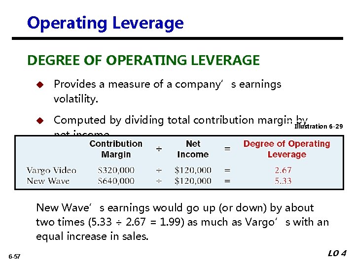 Operating Leverage DEGREE OF OPERATING LEVERAGE u Provides a measure of a company’s earnings