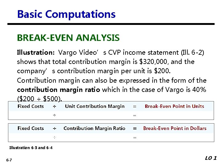 Basic Computations BREAK-EVEN ANALYSIS Illustration: Vargo Video’s CVP income statement (Ill. 6 -2) shows