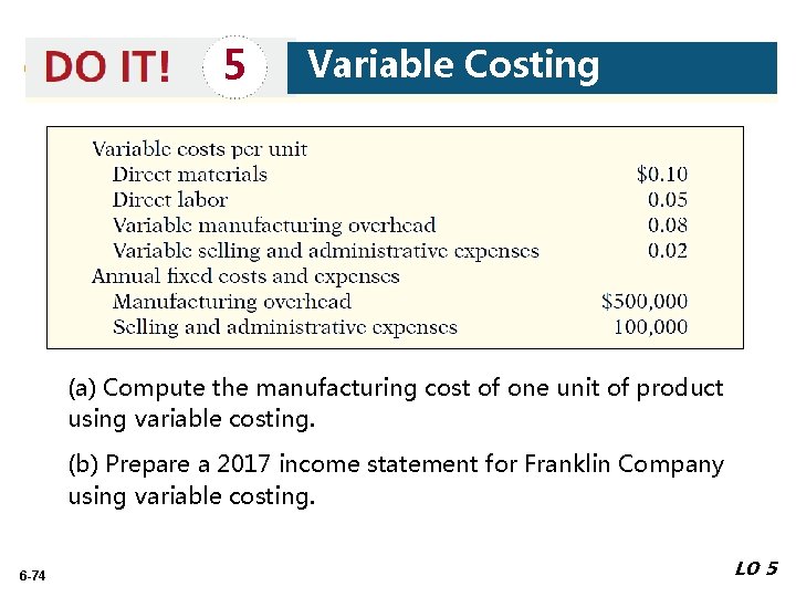 Variable Costing 5 Comprehensive (a) Compute the manufacturing cost of one unit of product
