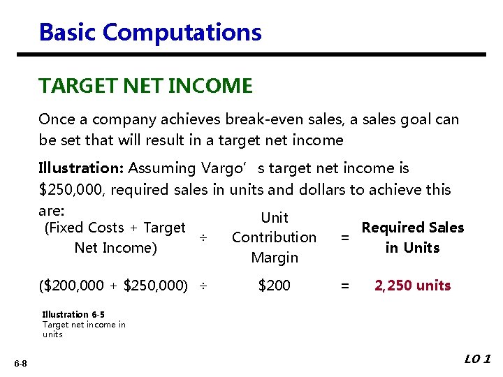 Basic Computations TARGET NET INCOME Once a company achieves break-even sales, a sales goal