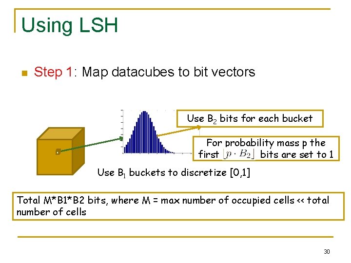 Using LSH n Step 1: Map datacubes to bit vectors Use B 2 bits