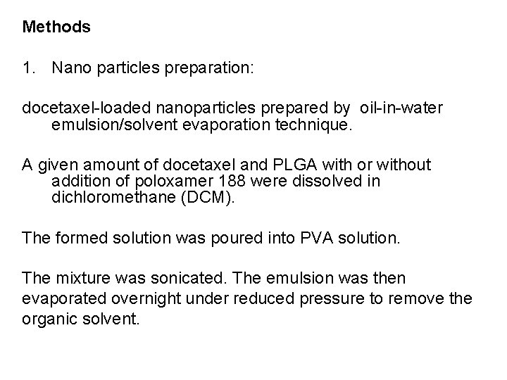 Methods 1. Nano particles preparation: docetaxel-loaded nanoparticles prepared by oil-in-water emulsion/solvent evaporation technique. A