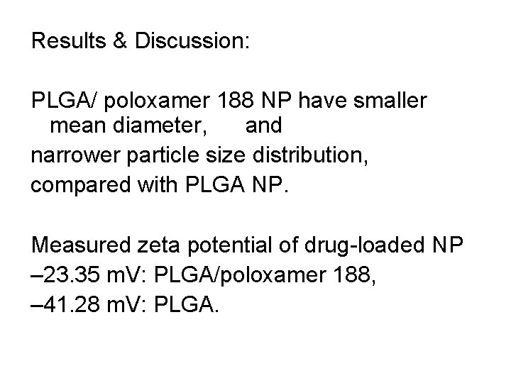 Results & Discussion: PLGA/ poloxamer 188 NP have smaller mean diameter, and narrower particle