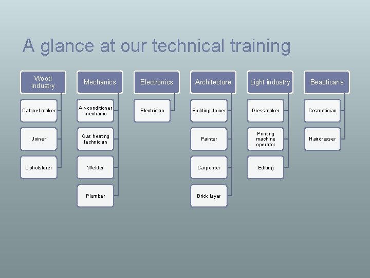 A glance at our technical training Wood industry Mechanics Cabinet maker Air-conditioner mechanic Joiner