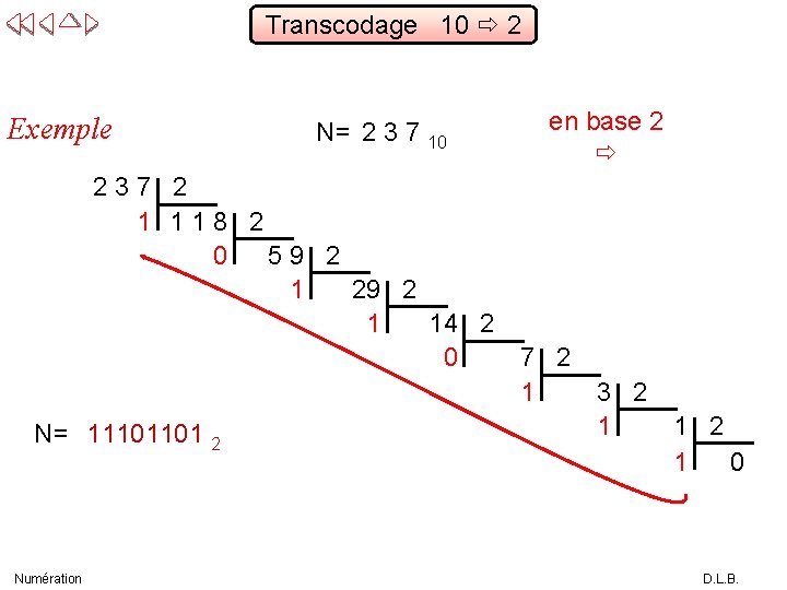 Transcodage 10 2 Exemple N= 2 3 7 10 en base 2 237 2