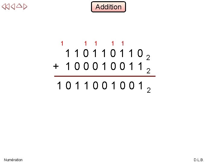 Addition 1 1 1101101102 + 1000100112 10110010012 Numération D. L. B. 