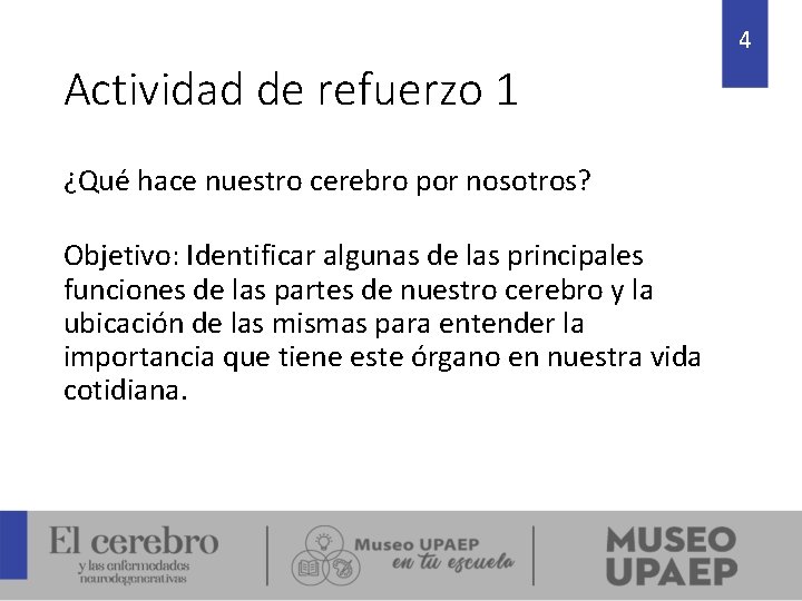 4 Actividad de refuerzo 1 ¿Qué hace nuestro cerebro por nosotros? Objetivo: Identificar algunas