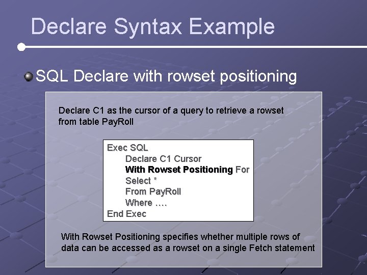 Declare Syntax Example SQL Declare with rowset positioning Declare C 1 as the cursor Declare Syntax Example SQL Declare with rowset positioning Declare C 1 as the cursor