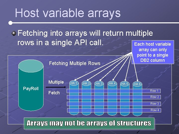 Host variable arrays Fetching into arrays will return multiple rows in a single API Host variable arrays Fetching into arrays will return multiple rows in a single API