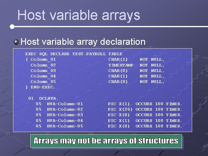 Host variable arrays Host variable array declaration EXEC SQL DECLARE TEST. PAYROLL TABLE ( Host variable arrays Host variable array declaration EXEC SQL DECLARE TEST. PAYROLL TABLE (