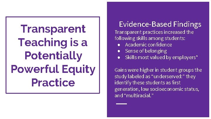 Transparent Teaching is a Potentially Powerful Equity Practice Evidence-Based Findings Transparent practices increased the