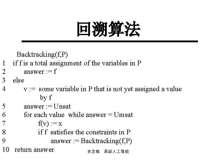 回溯算法 Backtracking(f, P) 1 if f is a total assignment of the variables in