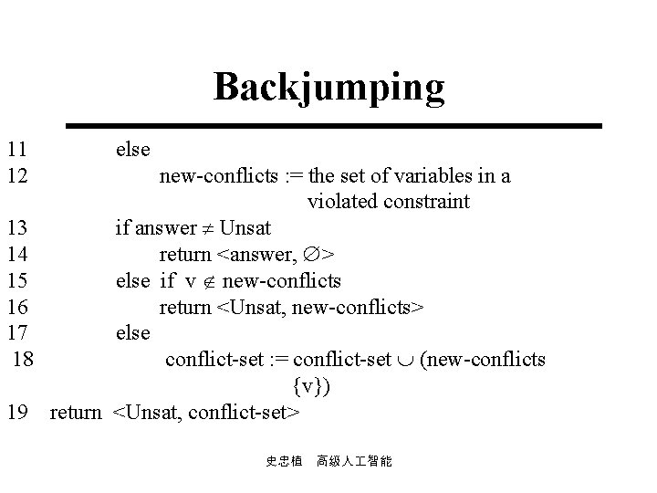 Backjumping 11 else 12 new conflicts : = the set of variables in a