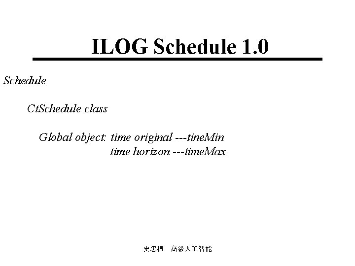 ILOG Schedule 1. 0 Schedule Ct. Schedule class Global object: time original ---tine. Min