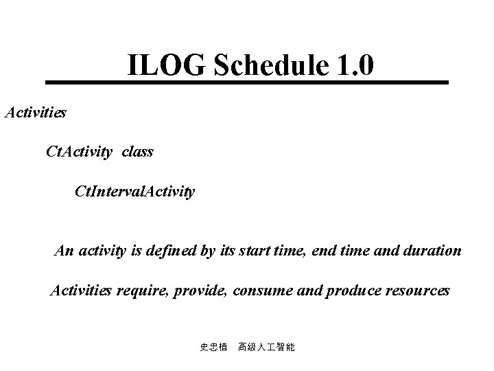 ILOG Schedule 1. 0 Activities Ct. Activity class Ct. Interval. Activity An activity is