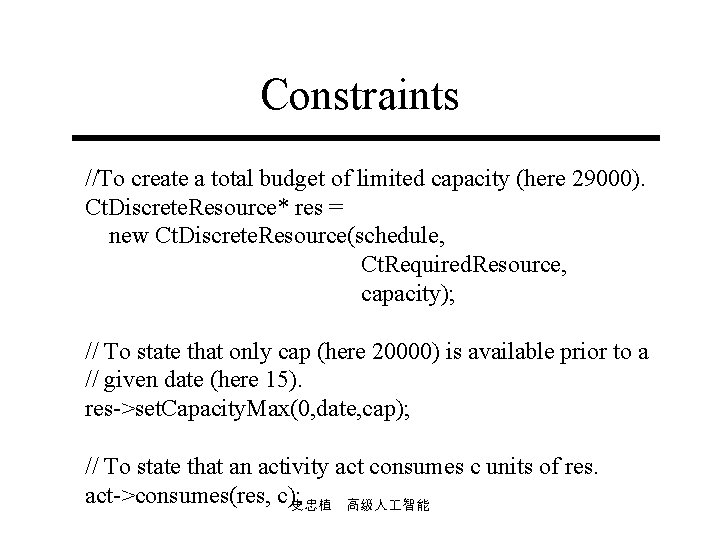 Constraints //To create a total budget of limited capacity (here 29000). Ct. Discrete. Resource*