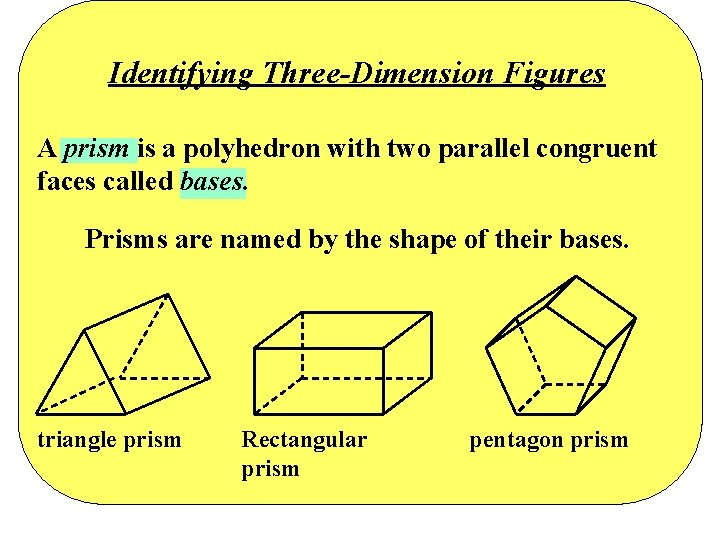 Identifying Three-Dimension Figures A prism is a polyhedron with two parallel congruent faces called Identifying Three-Dimension Figures A prism is a polyhedron with two parallel congruent faces called