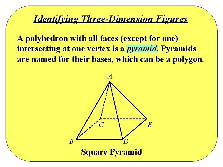 Identifying Three-Dimension Figures A polyhedron with all faces (except for one) intersecting at one Identifying Three-Dimension Figures A polyhedron with all faces (except for one) intersecting at one