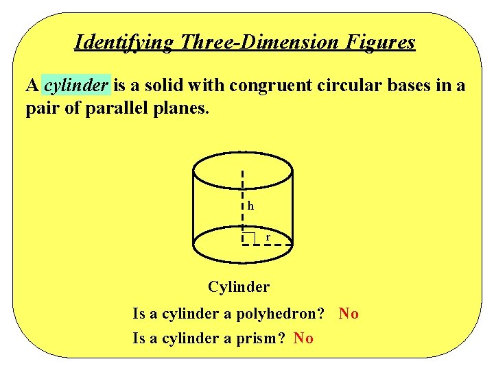 Identifying Three-Dimension Figures A cylinder is a solid with congruent circular bases in a Identifying Three-Dimension Figures A cylinder is a solid with congruent circular bases in a