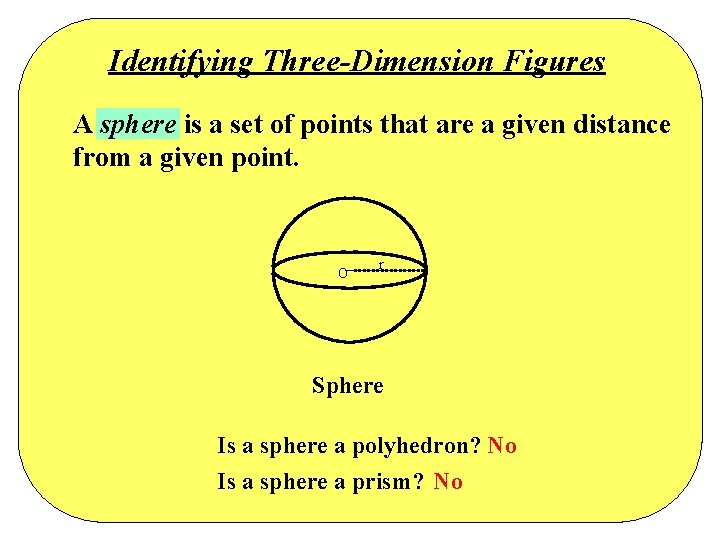 Identifying Three-Dimension Figures A sphere is a set of points that are a given Identifying Three-Dimension Figures A sphere is a set of points that are a given