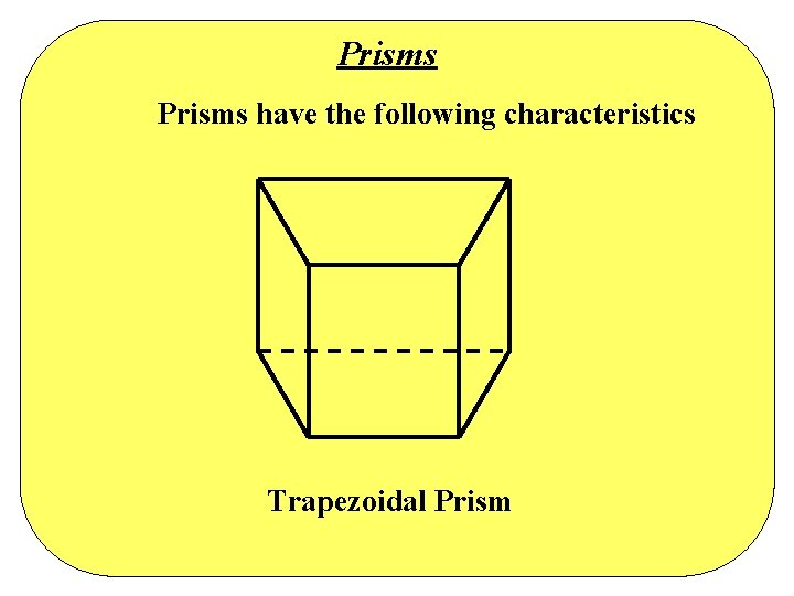 Prisms have the following characteristics Trapezoidal Prism Prisms have the following characteristics Trapezoidal Prism