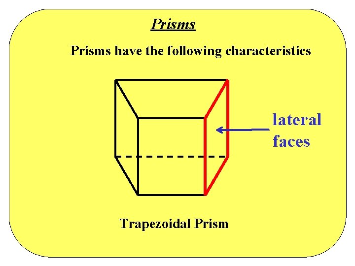 Prisms have the following characteristics lateral faces Trapezoidal Prism Prisms have the following characteristics lateral faces Trapezoidal Prism