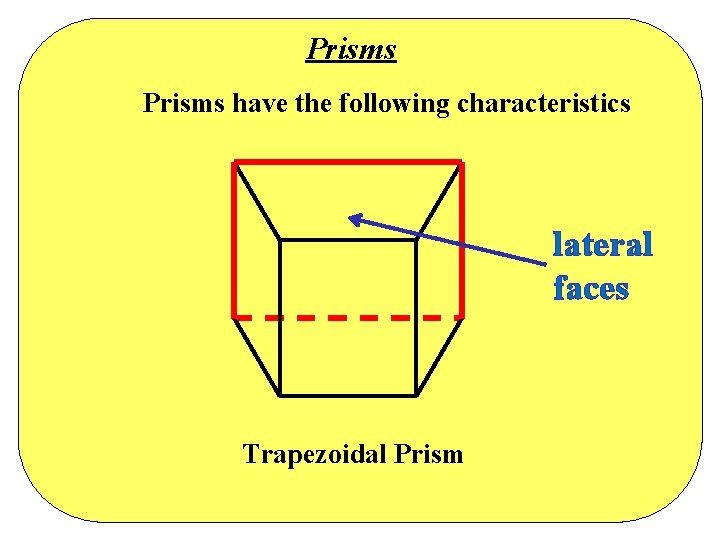 Prisms have the following characteristics lateral faces Trapezoidal Prism Prisms have the following characteristics lateral faces Trapezoidal Prism